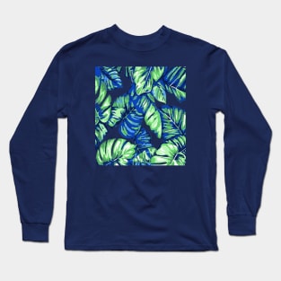 Tropical Leaves Of Banana and Monstera Blue Green Cut Out 2 Long Sleeve T-Shirt